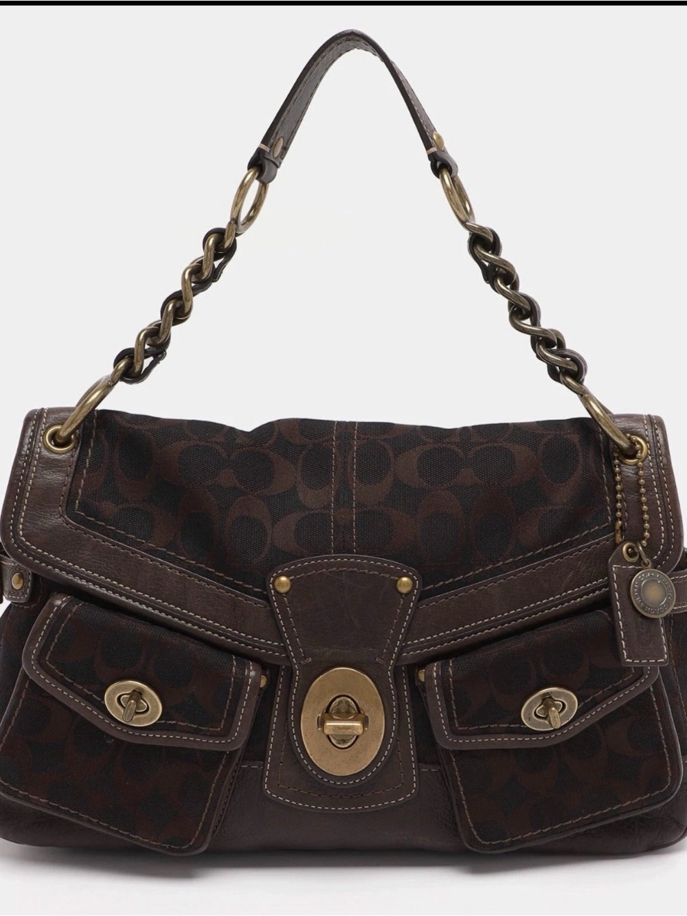 Coach Leigh legacy Dark Brown Signature Canvas Shoulder Bag with Brass Hardware